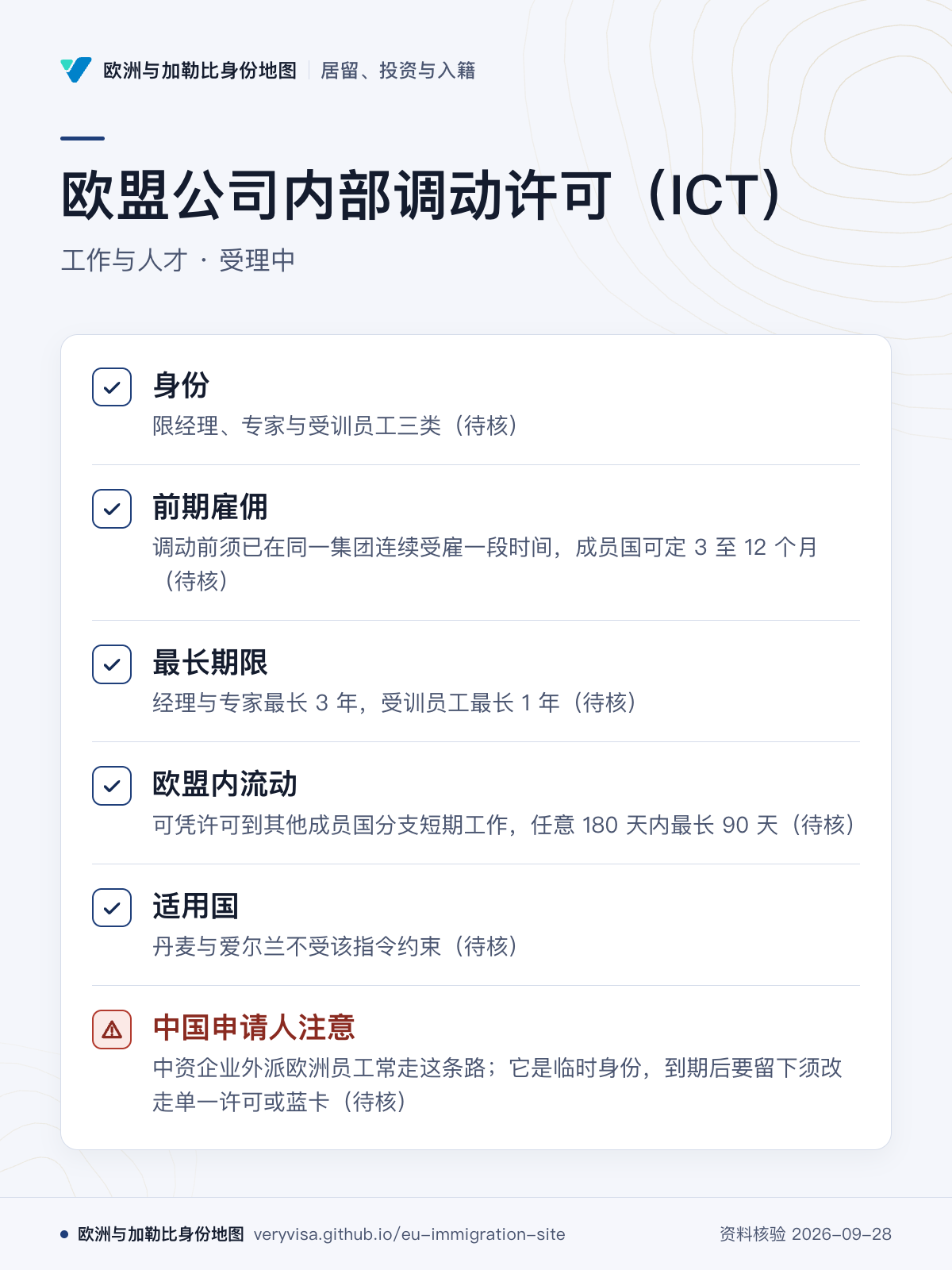 欧盟公司内部调动许可（ICT）；工作与人才 · 受理中；身份；前期雇佣；最长期限；欧盟内流动；适用国；中国申请人注意