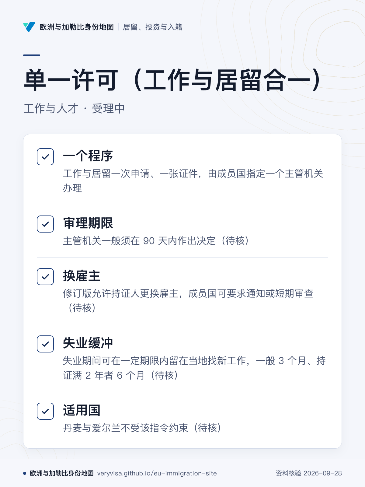 单一许可（工作与居留合一）；工作与人才 · 受理中；一个程序；审理期限；换雇主；失业缓冲；适用国