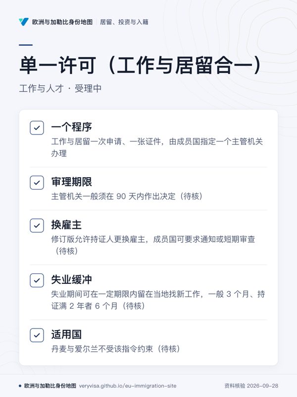 单一许可(工作与居留合一);工作与人才 · 受理中;一个程序;审理期限;换雇主;失业缓冲;适用国