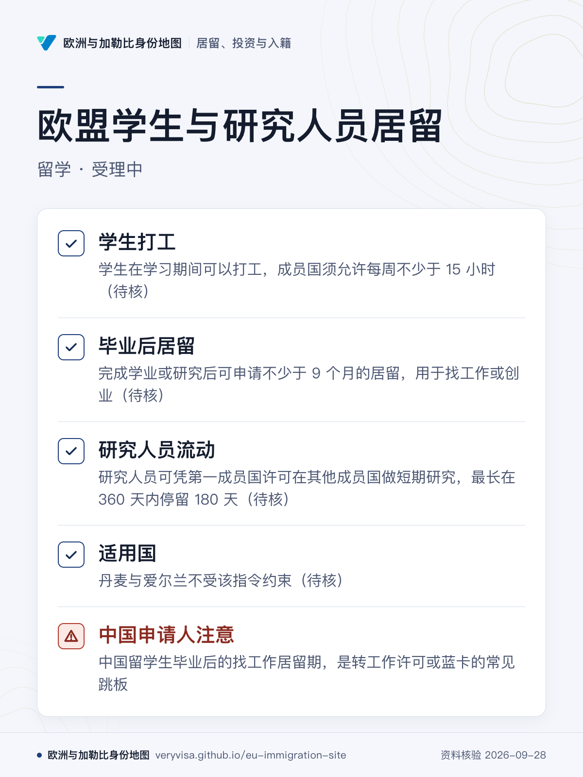 欧盟学生与研究人员居留；留学 · 受理中；学生打工；毕业后居留；研究人员流动；适用国；中国申请人注意