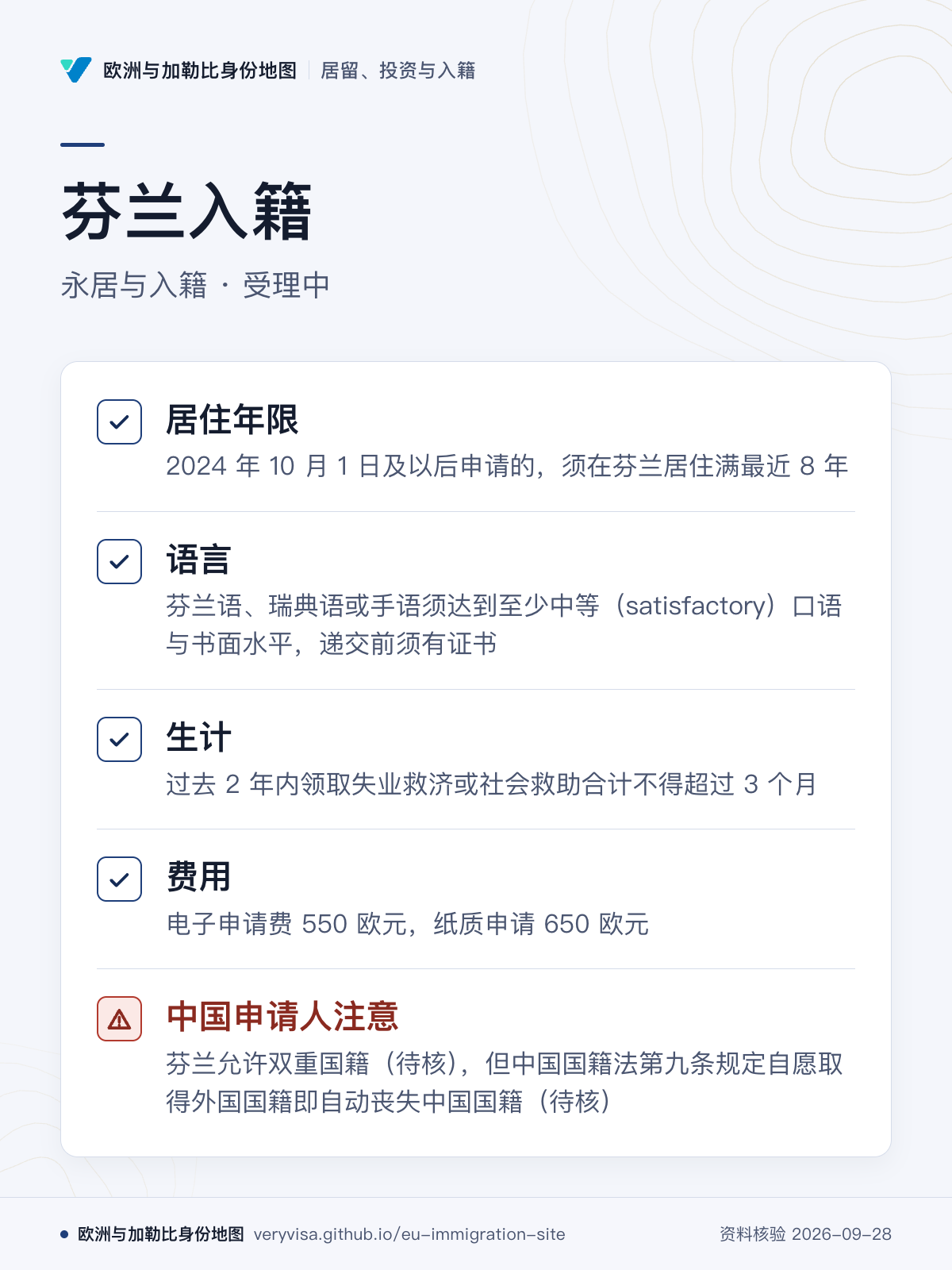 芬兰入籍；永居与入籍 · 受理中；居住年限；语言；生计；费用；中国申请人注意