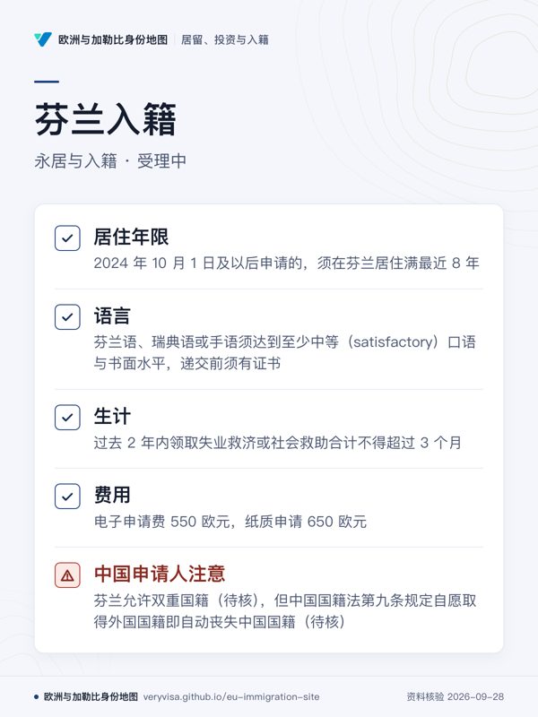 芬兰入籍;永居与入籍 · 受理中;居住年限;语言;生计;费用;中国申请人注意