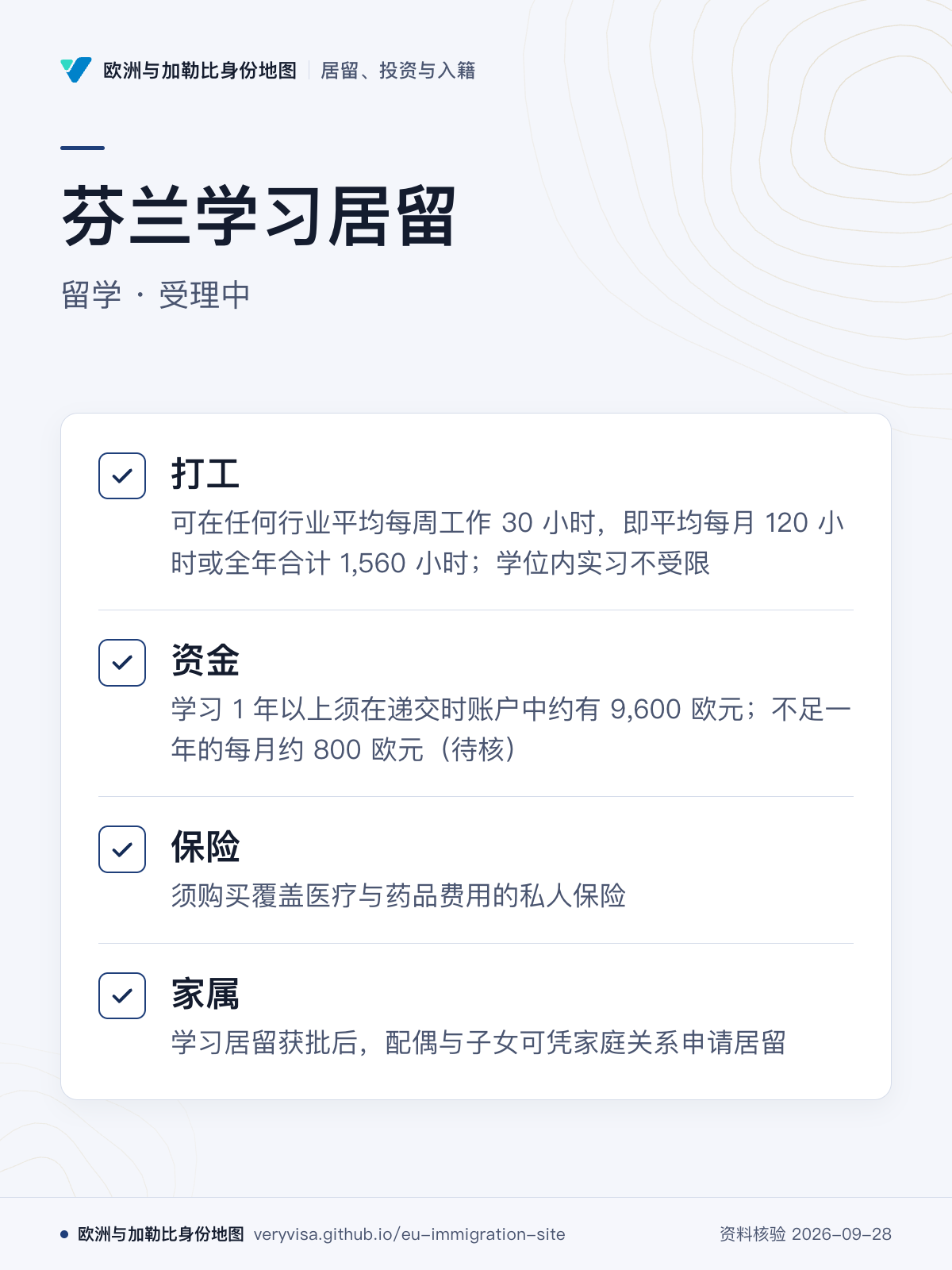 芬兰学习居留；留学 · 受理中；打工；资金；保险；家属