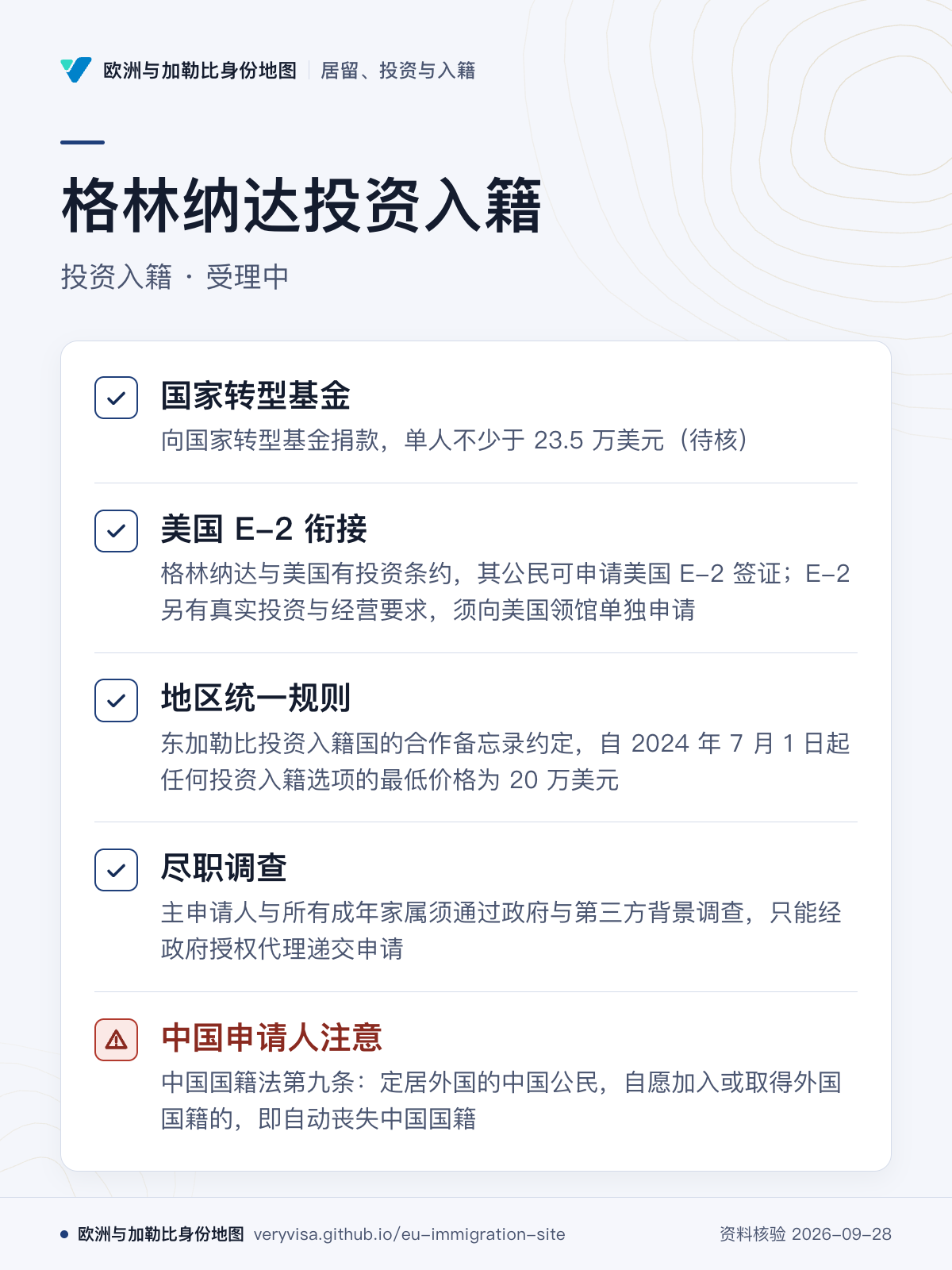 格林纳达投资入籍；投资入籍 · 受理中；国家转型基金；美国 E-2 衔接；地区统一规则；尽职调查；中国申请人注意