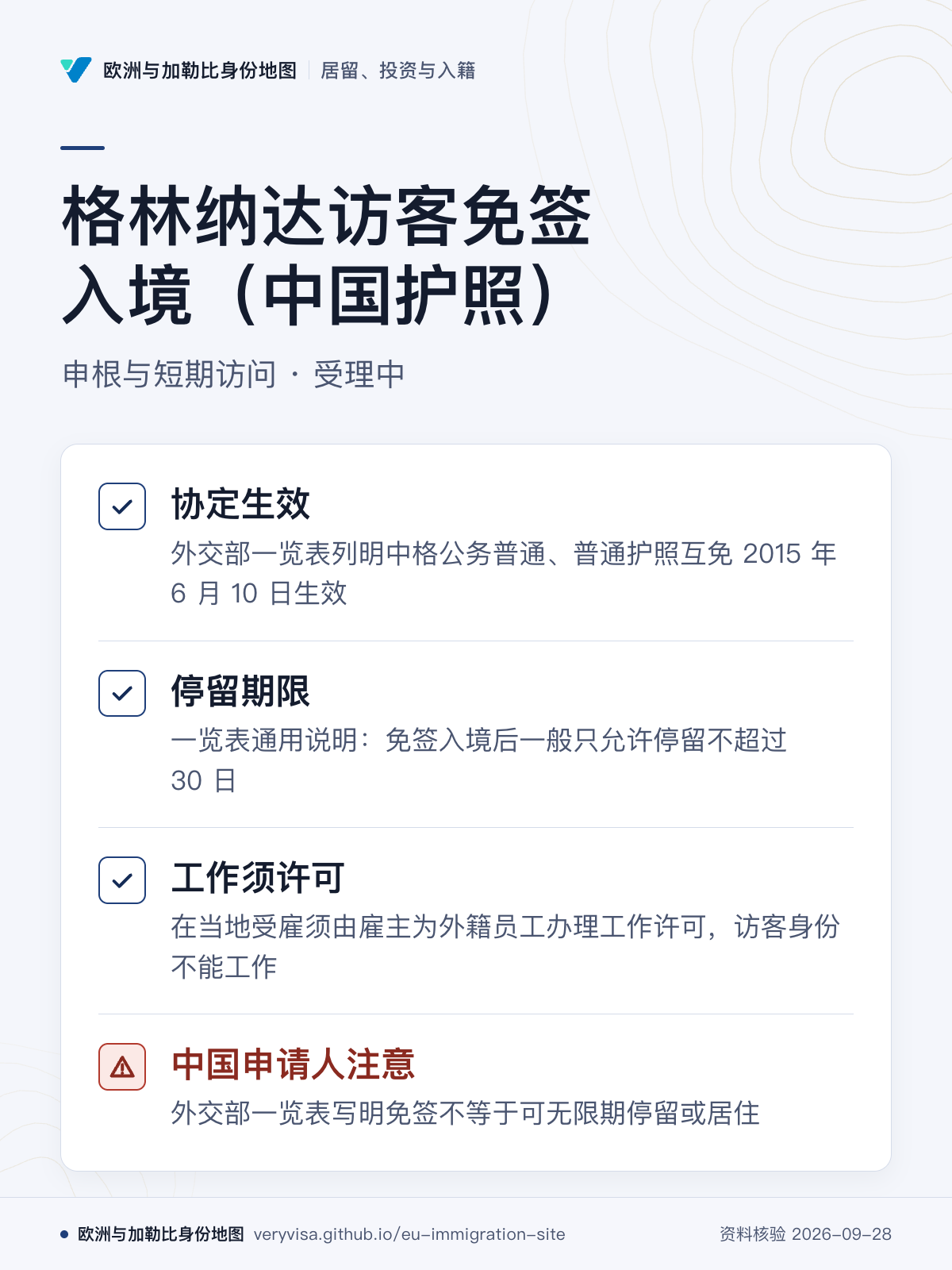 格林纳达访客免签入境（中国护照）；申根与短期访问 · 受理中；协定生效；停留期限；工作须许可；中国申请人注意