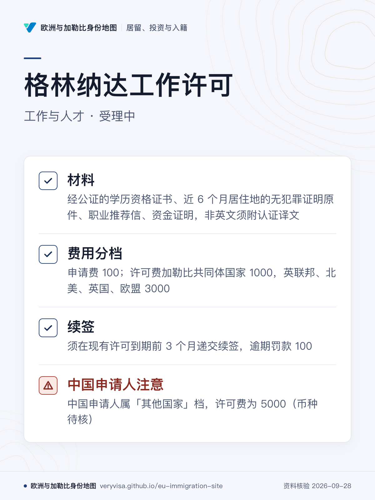 格林纳达工作许可；工作与人才 · 受理中；材料；费用分档；续签；中国申请人注意