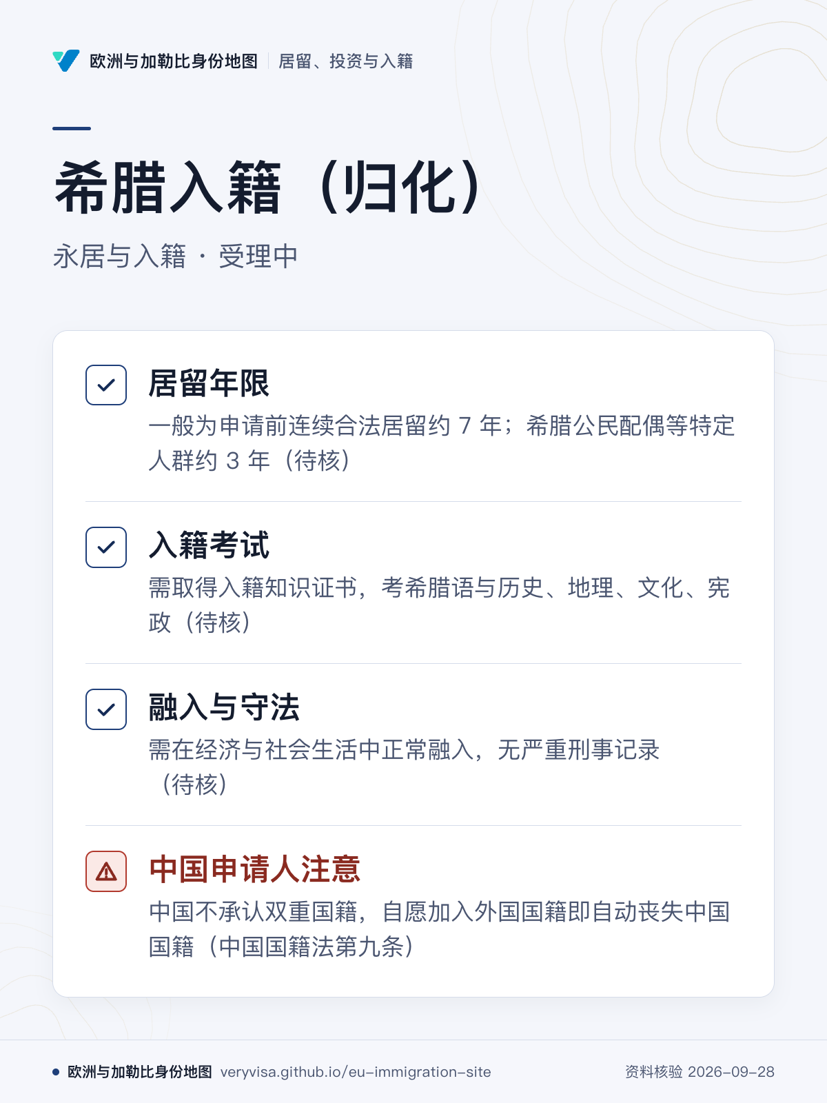 希腊入籍（归化）；永居与入籍 · 受理中；居留年限；入籍考试；融入与守法；中国申请人注意