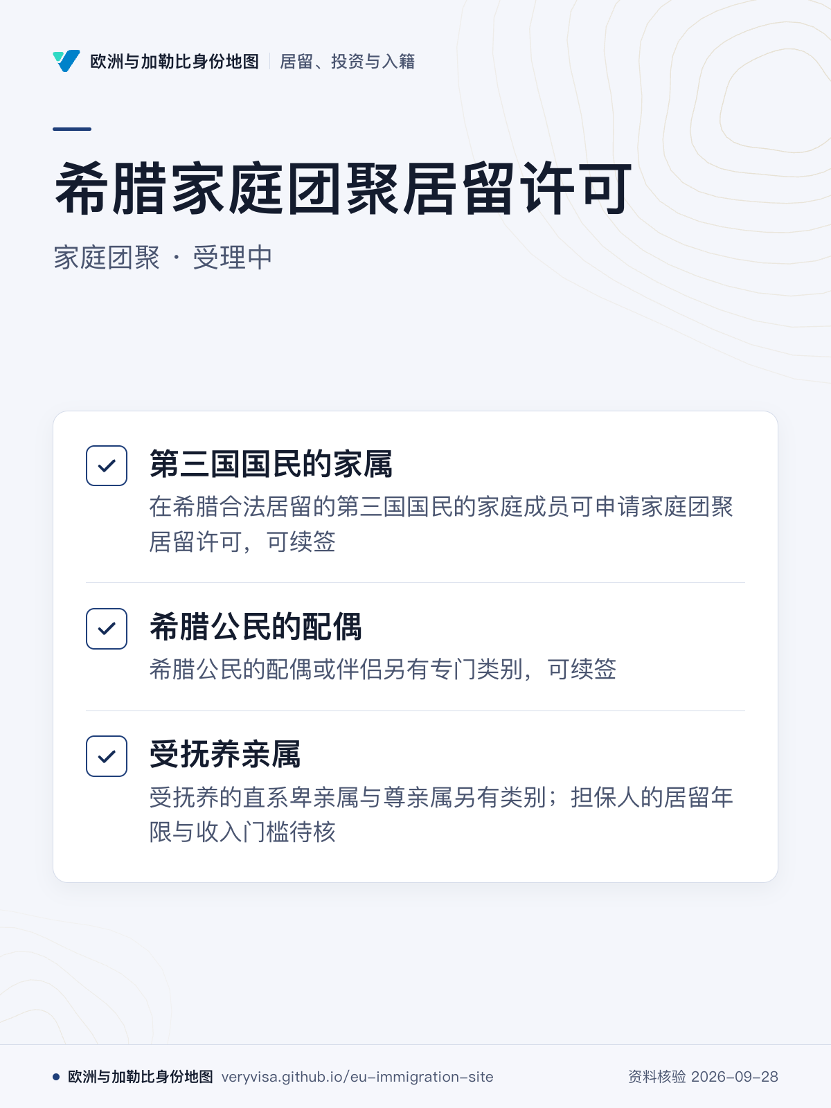 希腊家庭团聚居留许可；家庭团聚 · 受理中；第三国国民的家属；希腊公民的配偶；受抚养亲属