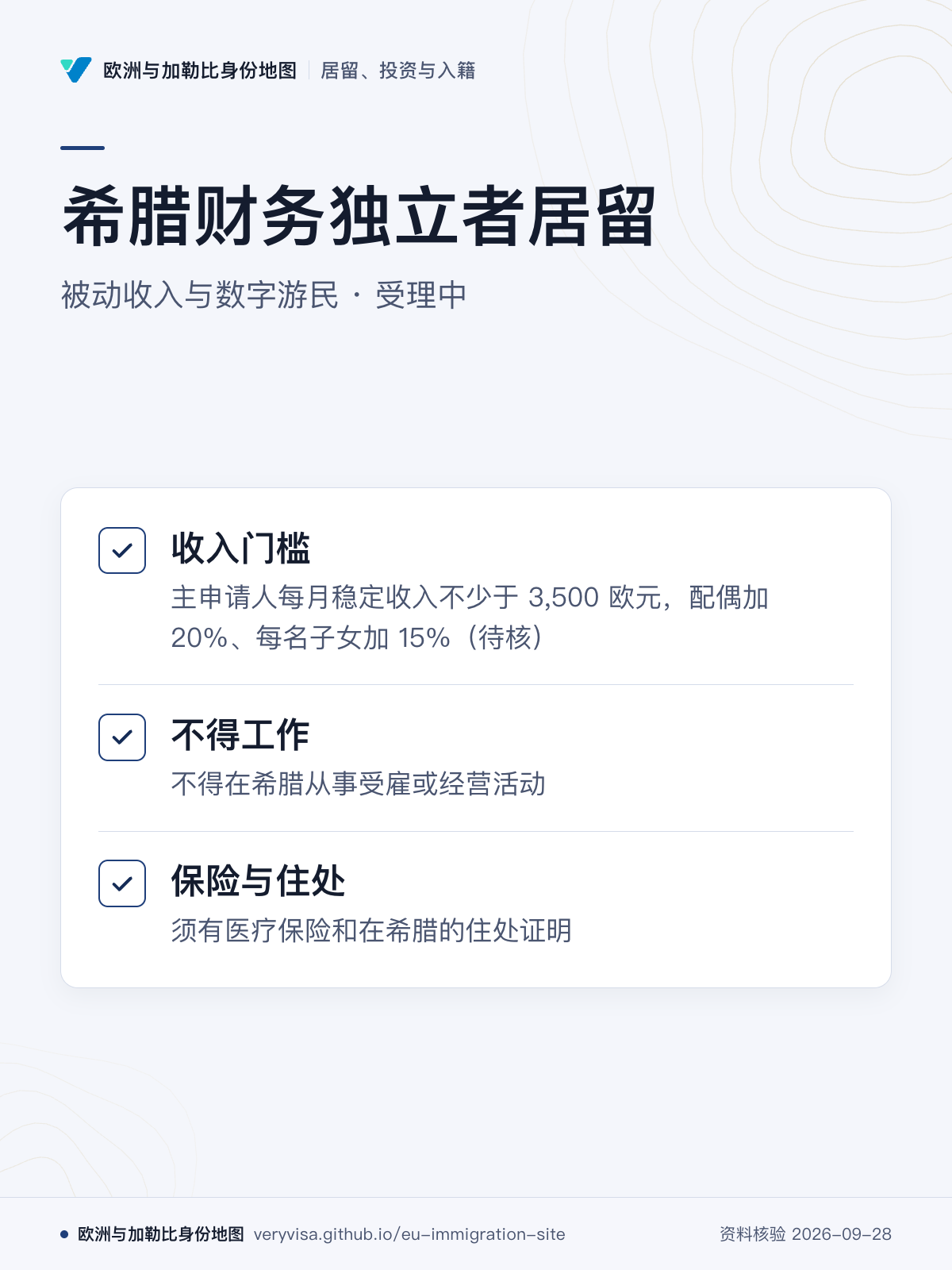 希腊财务独立者居留；被动收入与数字游民 · 受理中；收入门槛；不得工作；保险与住处