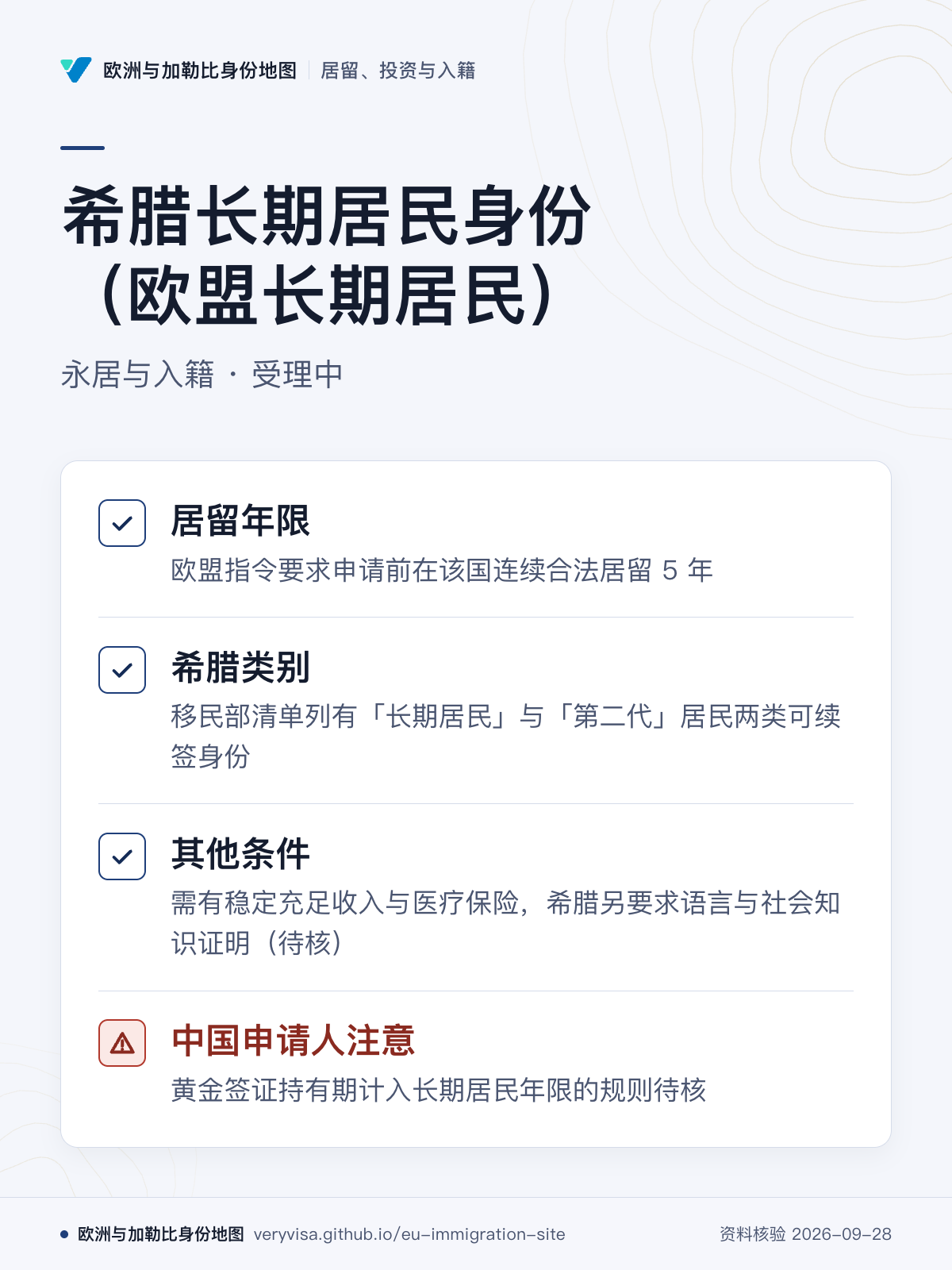 希腊长期居民身份（欧盟长期居民）；永居与入籍 · 受理中；居留年限；希腊类别；其他条件；中国申请人注意