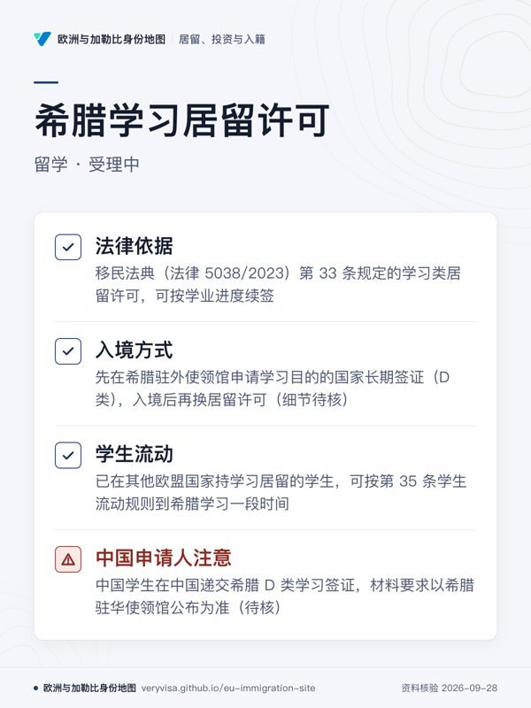 希腊学习居留许可;留学 · 受理中;法律依据;入境方式;学生流动;中国申请人注意