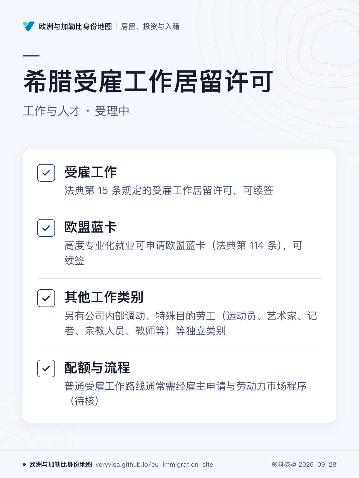 希腊受雇工作居留许可；工作与人才 · 受理中；受雇工作；欧盟蓝卡；其他工作类别；配额与流程
