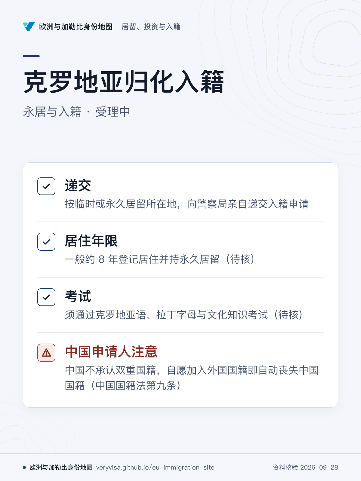 克罗地亚归化入籍；永居与入籍 · 受理中；递交；居住年限；考试；中国申请人注意