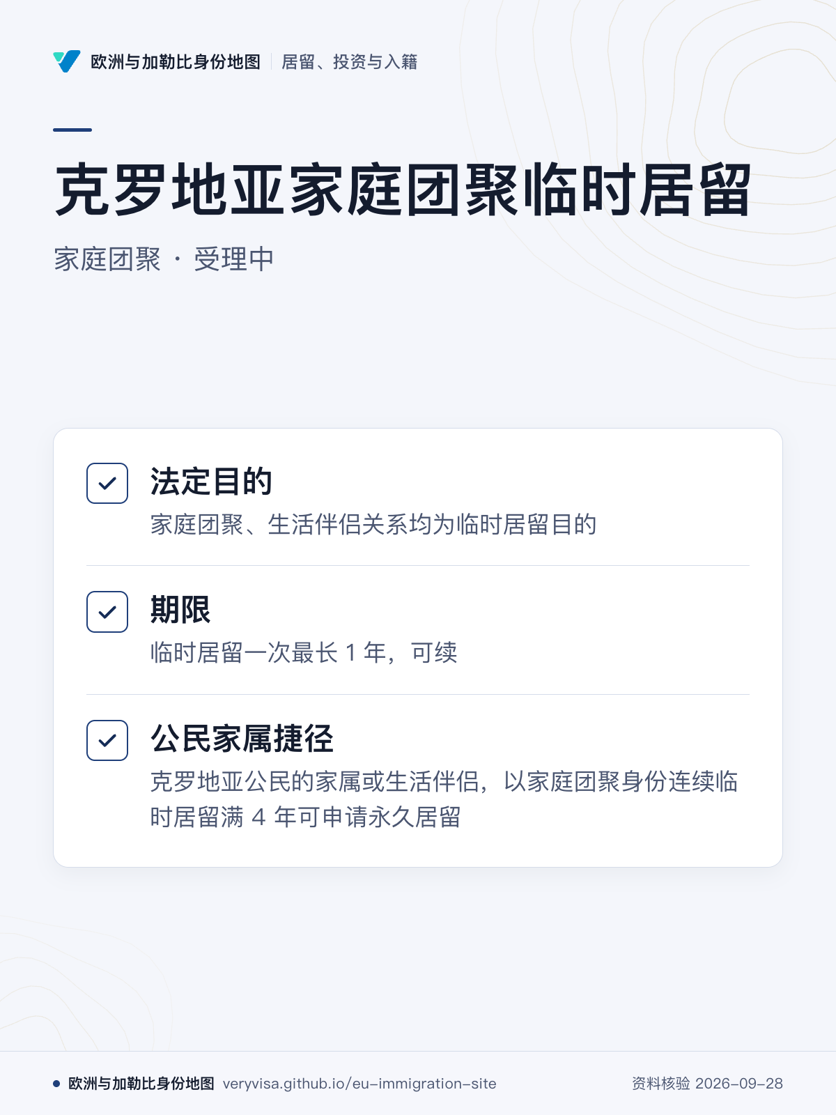 克罗地亚家庭团聚临时居留；家庭团聚 · 受理中；法定目的；期限；公民家属捷径