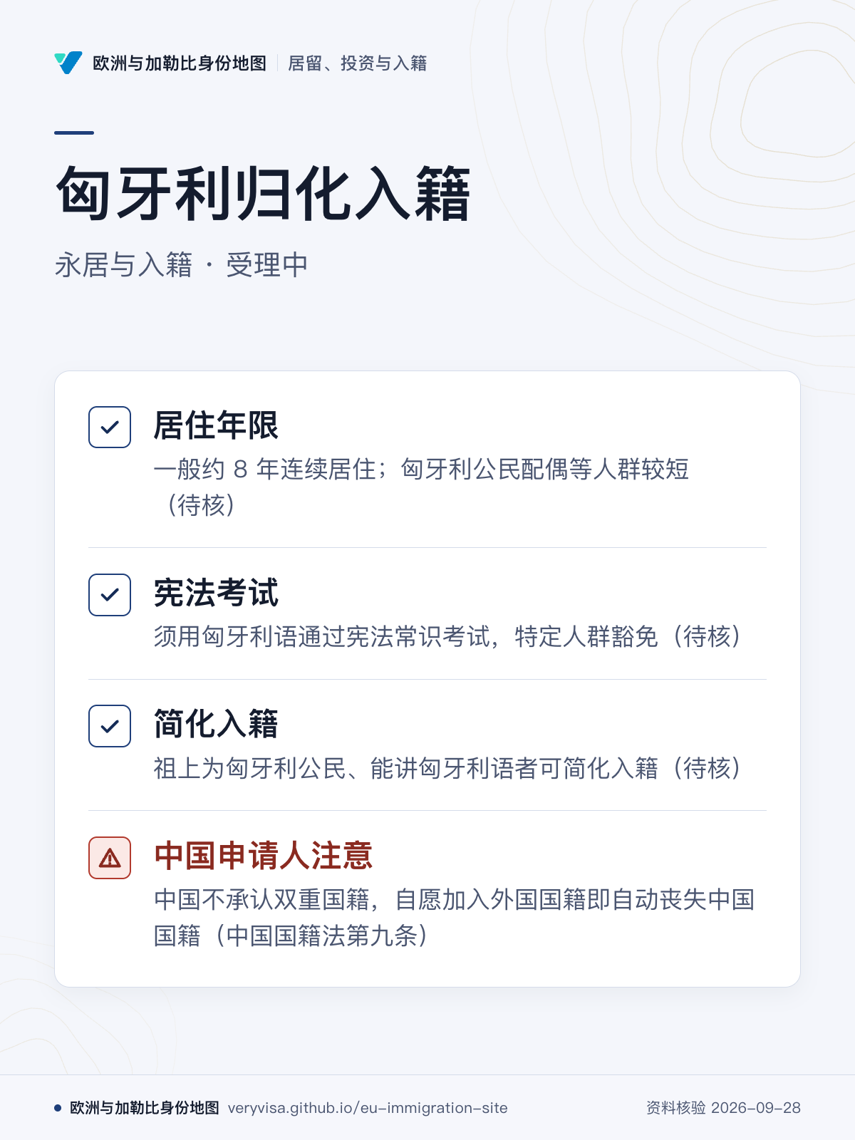 匈牙利归化入籍；永居与入籍 · 受理中；居住年限；宪法考试；简化入籍；中国申请人注意