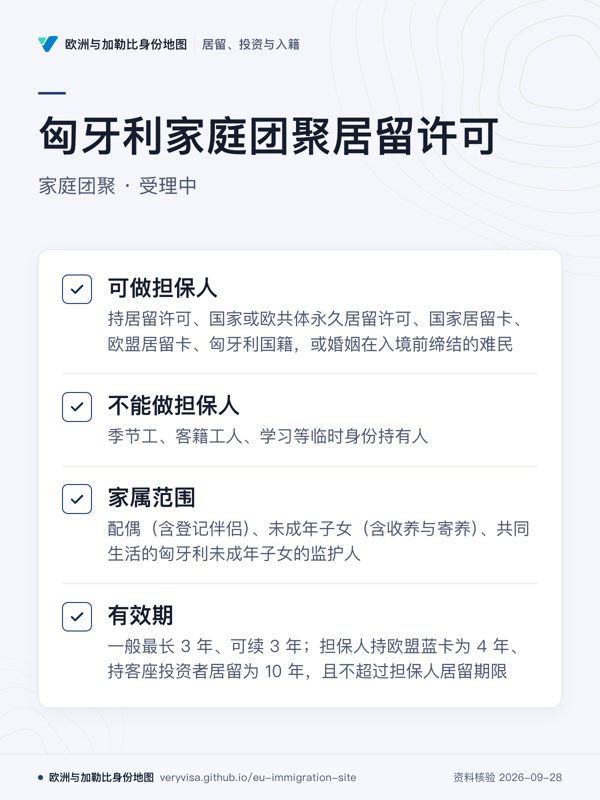 匈牙利家庭团聚居留许可;家庭团聚 · 受理中;可做担保人;不能做担保人;家属范围;有效期