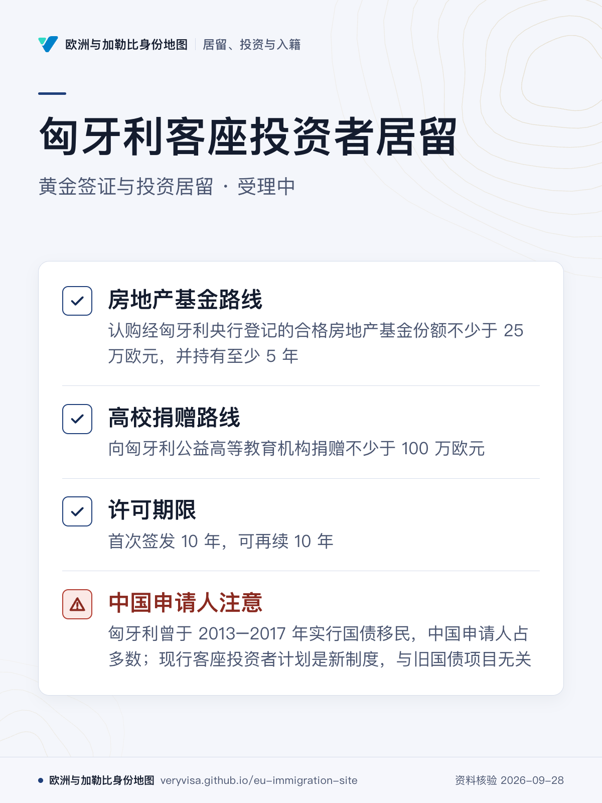 匈牙利客座投资者居留；黄金签证与投资居留 · 受理中；房地产基金路线；高校捐赠路线；许可期限；中国申请人注意