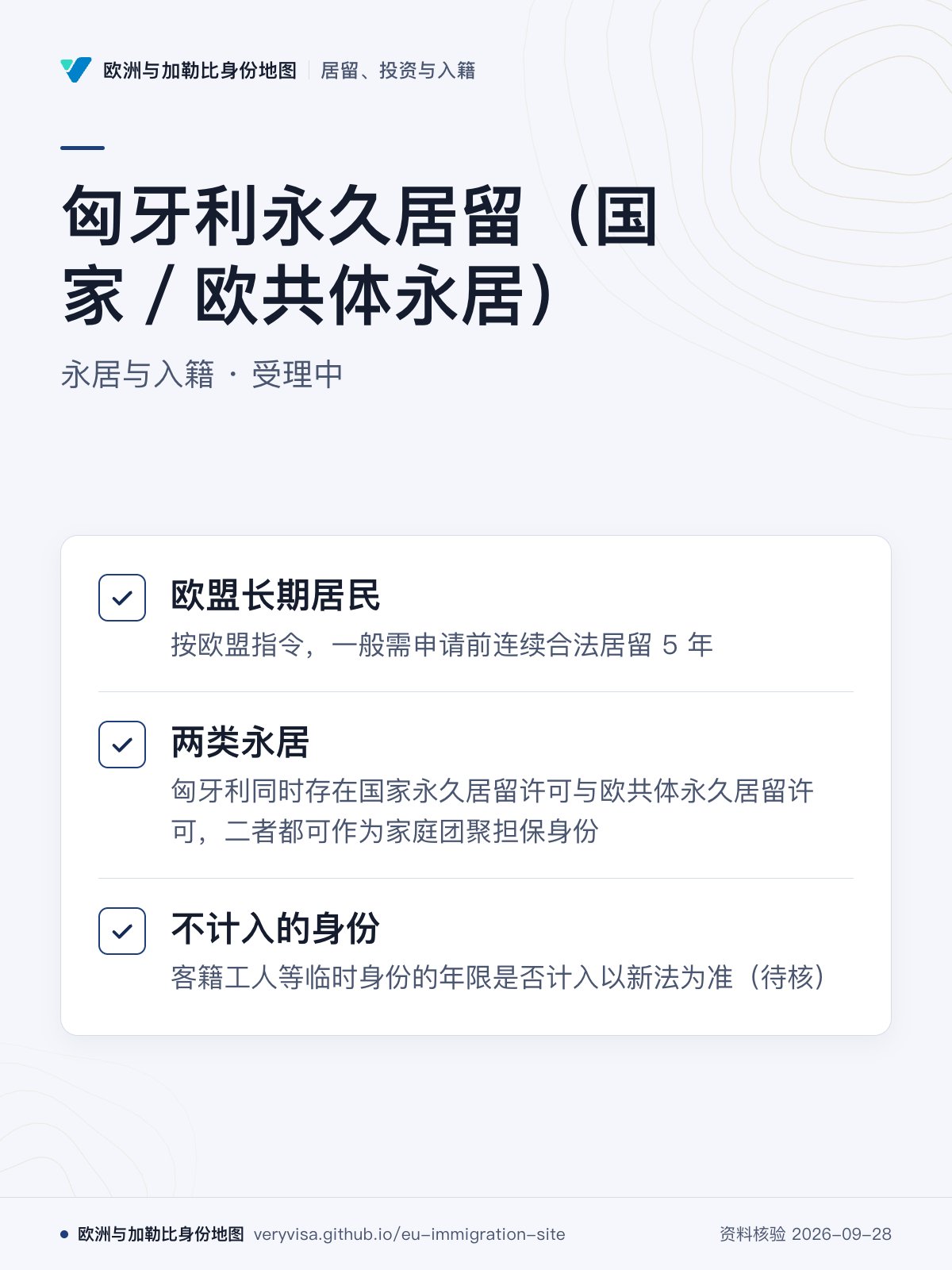 匈牙利永久居留（国家／欧共体永居）；永居与入籍 · 受理中；欧盟长期居民；两类永居；不计入的身份