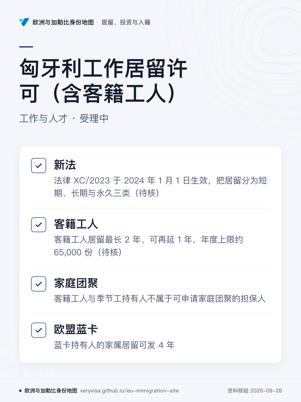 匈牙利工作居留许可（含客籍工人）；工作与人才 · 受理中；新法；客籍工人；家庭团聚；欧盟蓝卡