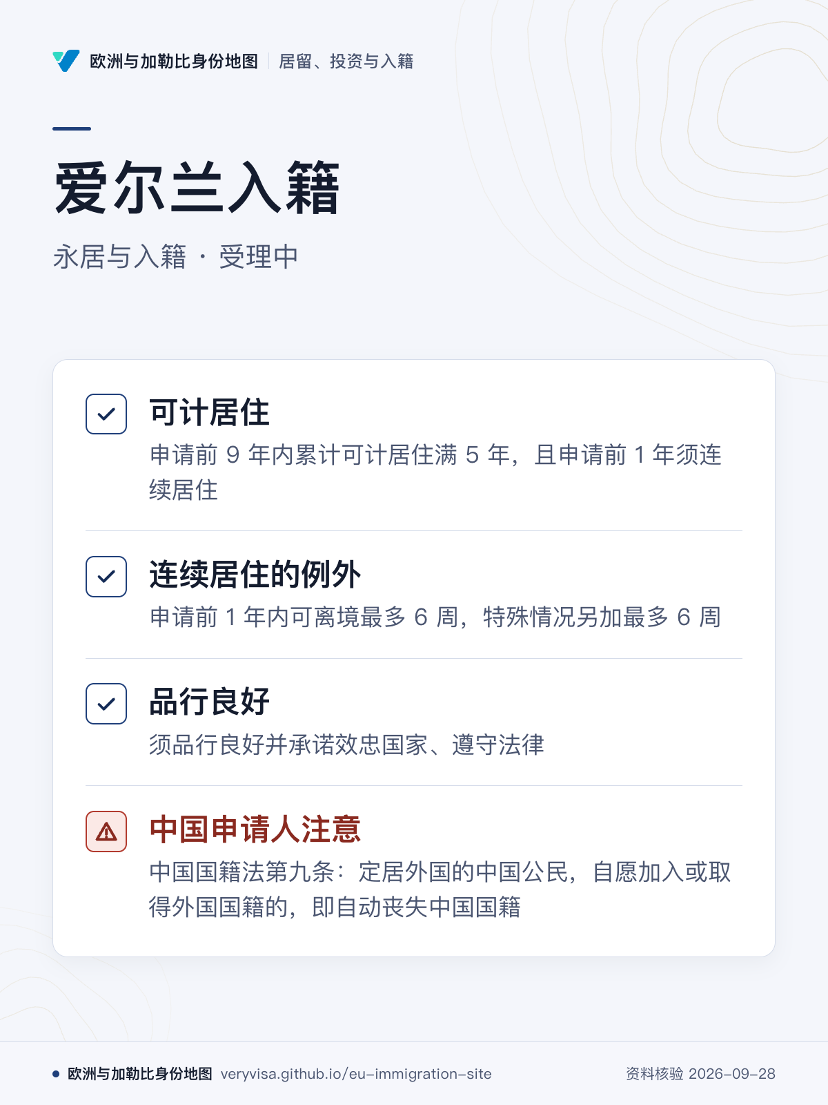 爱尔兰入籍；永居与入籍 · 受理中；可计居住；连续居住的例外；品行良好；中国申请人注意