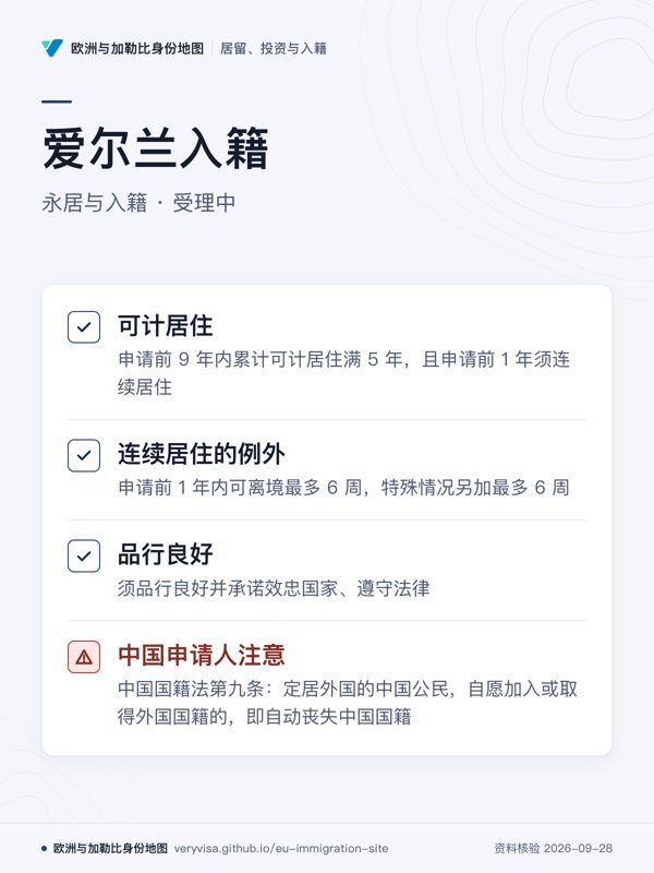 爱尔兰入籍;永居与入籍 · 受理中;可计居住;连续居住的例外;品行良好;中国申请人注意