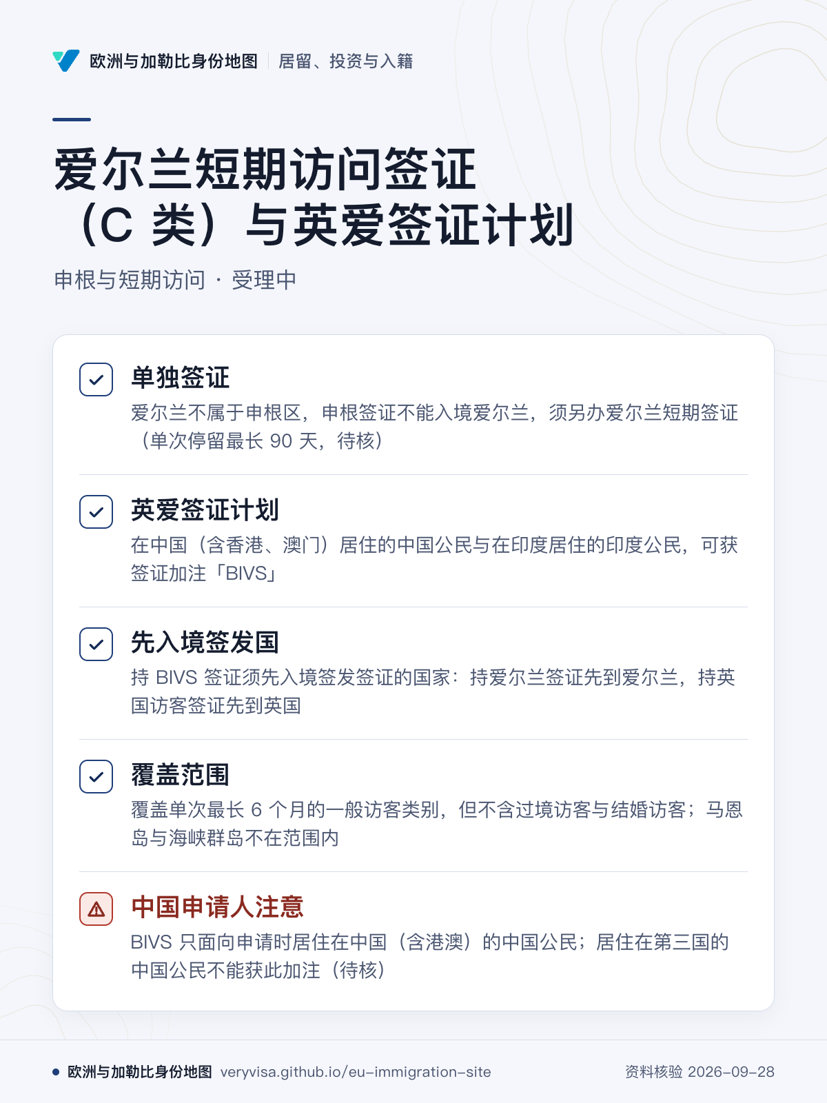 爱尔兰短期访问签证（C 类）与英爱签证计划；申根与短期访问 · 受理中；单独签证；英爱签证计划；先入境签发国；覆盖范围；中国申请人注意