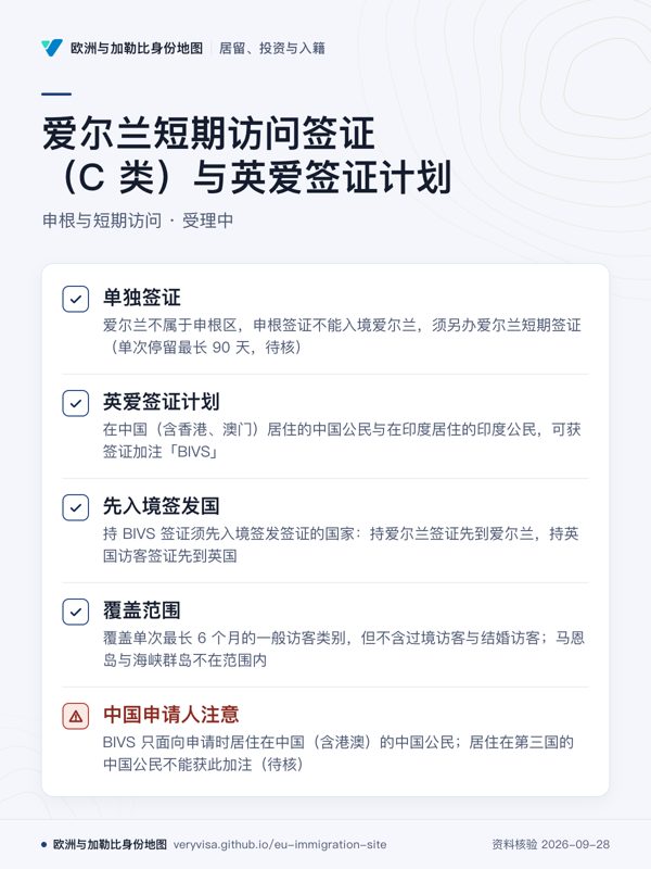 爱尔兰短期访问签证(C 类)与英爱签证计划;申根与短期访问 · 受理中;单独签证;英爱签证计划;先入境签发国;覆盖范围;中国申请人注意