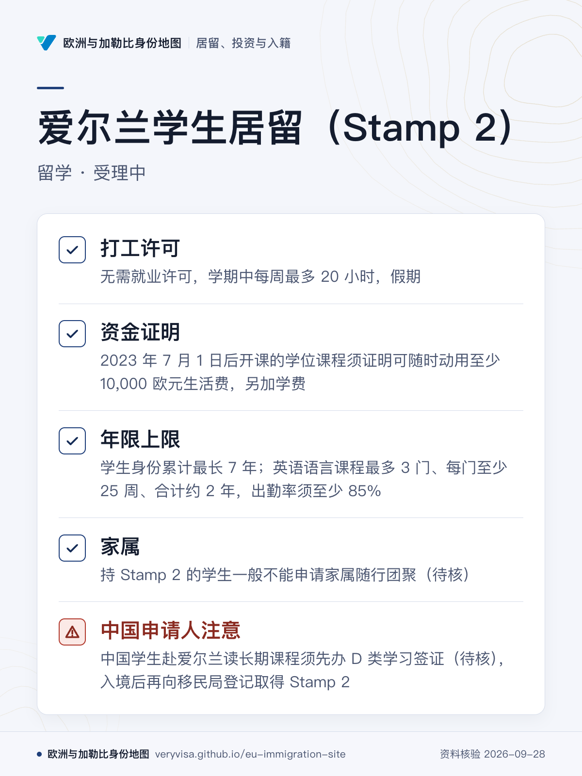 爱尔兰学生居留（Stamp 2）；留学 · 受理中；打工许可；资金证明；年限上限；家属；中国申请人注意
