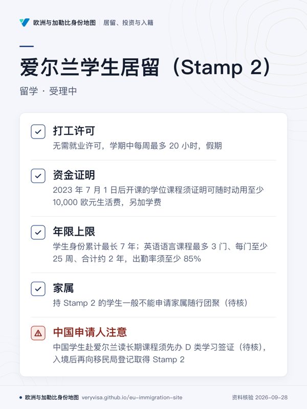 爱尔兰学生居留(Stamp 2);留学 · 受理中;打工许可;资金证明;年限上限;家属;中国申请人注意