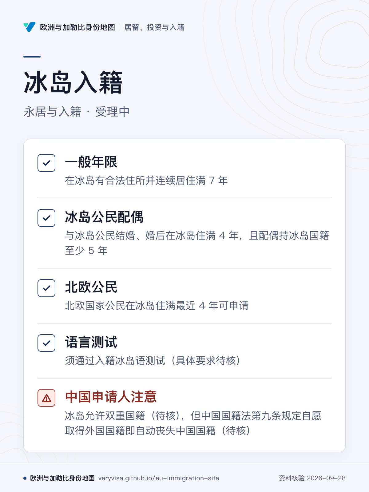 冰岛入籍；永居与入籍 · 受理中；一般年限；冰岛公民配偶；北欧公民；语言测试；中国申请人注意