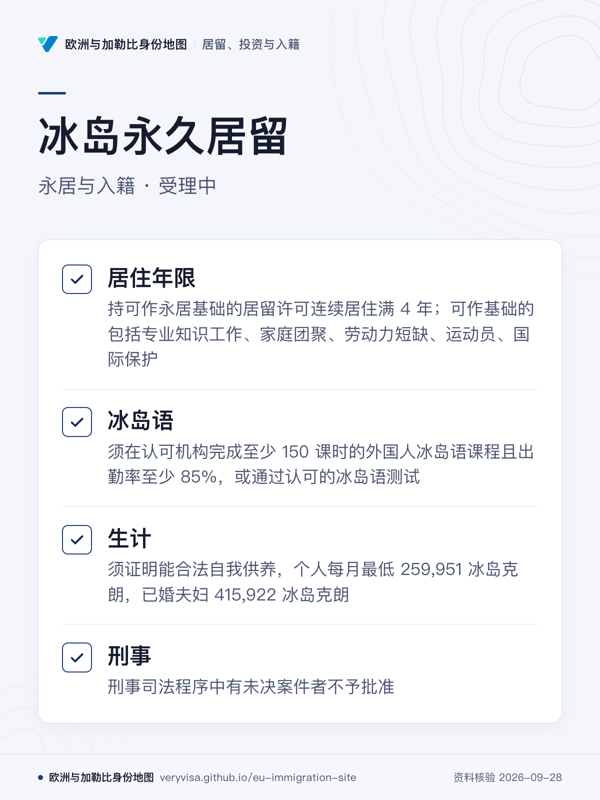 冰岛永久居留；永居与入籍 · 受理中；居住年限；冰岛语；生计；刑事