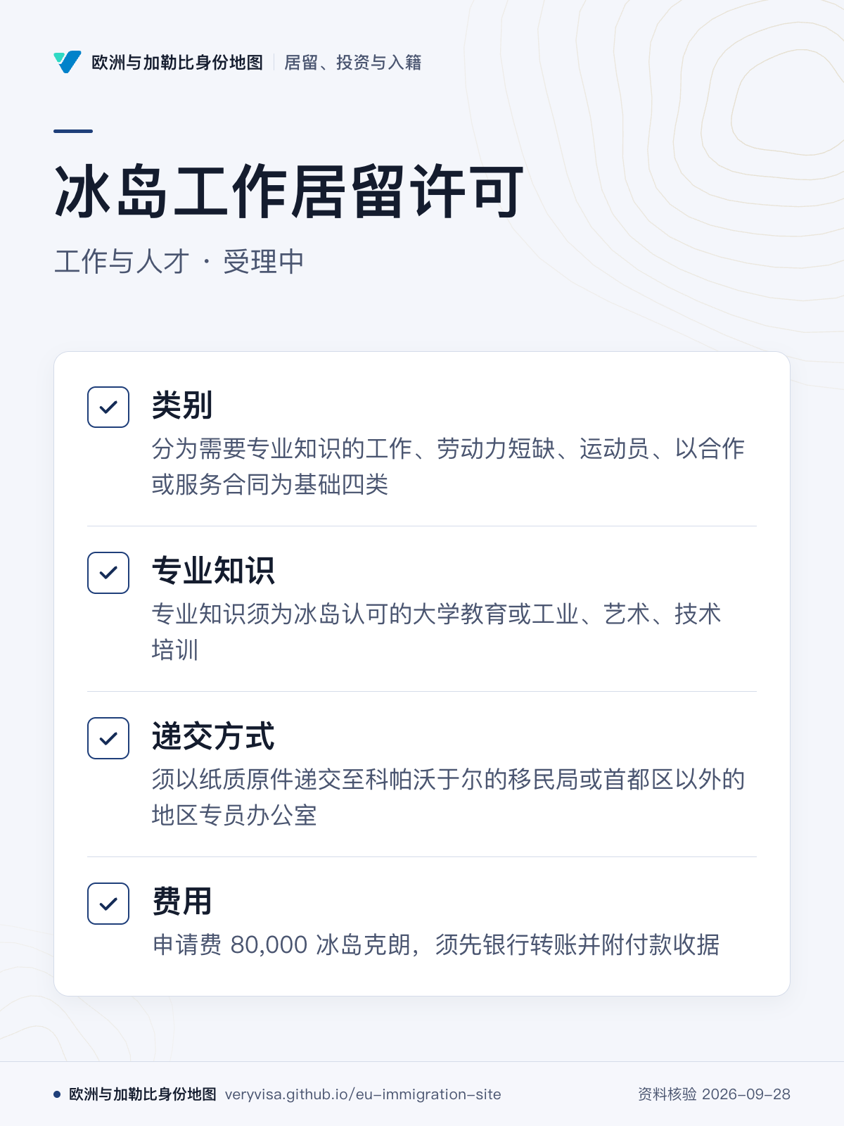 冰岛工作居留许可；工作与人才 · 受理中；类别；专业知识；递交方式；费用
