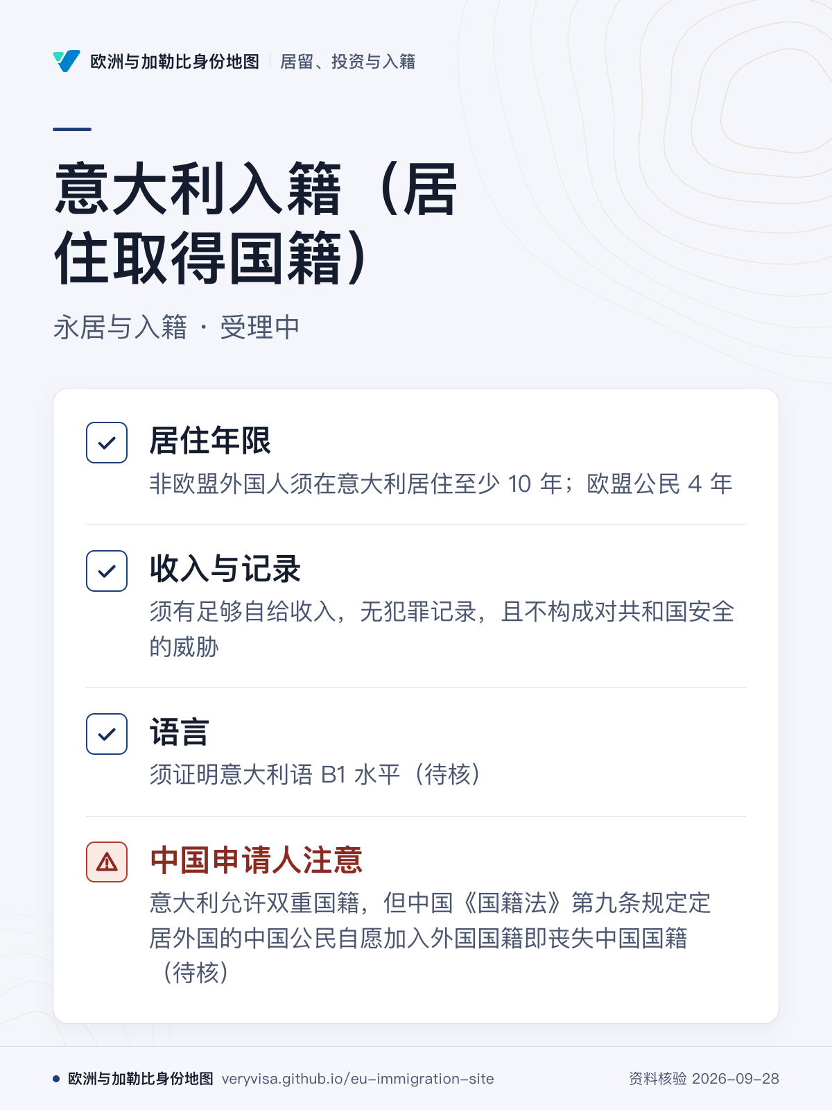 意大利入籍（居住取得国籍）；永居与入籍 · 受理中；居住年限；收入与记录；语言；中国申请人注意