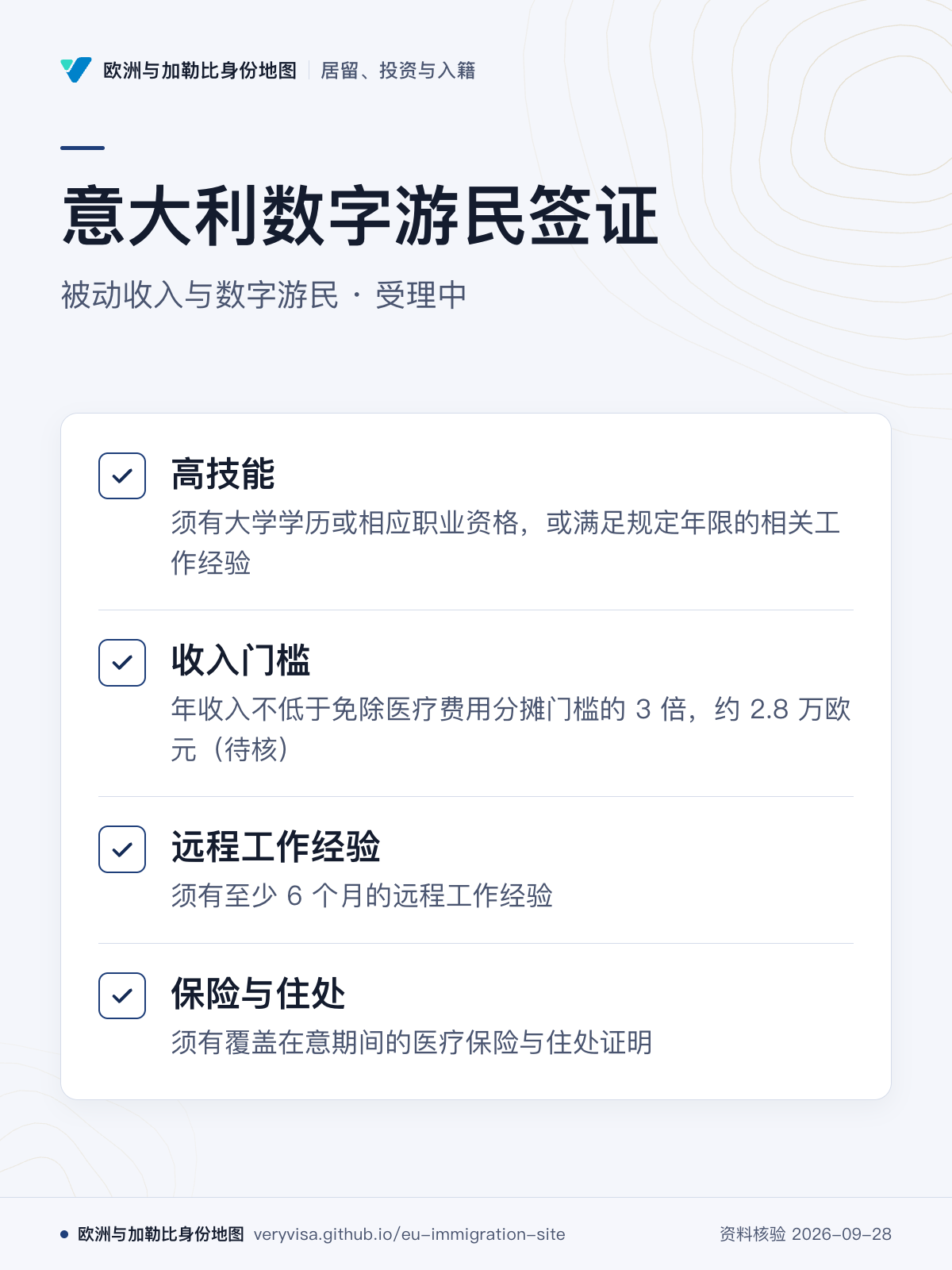 意大利数字游民签证；被动收入与数字游民 · 受理中；高技能；收入门槛；远程工作经验；保险与住处