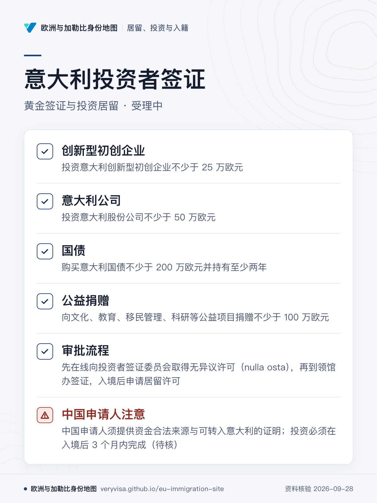 意大利投资者签证；黄金签证与投资居留 · 受理中；创新型初创企业；意大利公司；国债；公益捐赠；审批流程；中国申请人注意