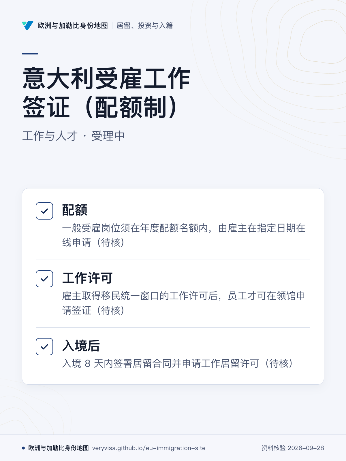 意大利受雇工作签证（配额制）；工作与人才 · 受理中；配额；工作许可；入境后