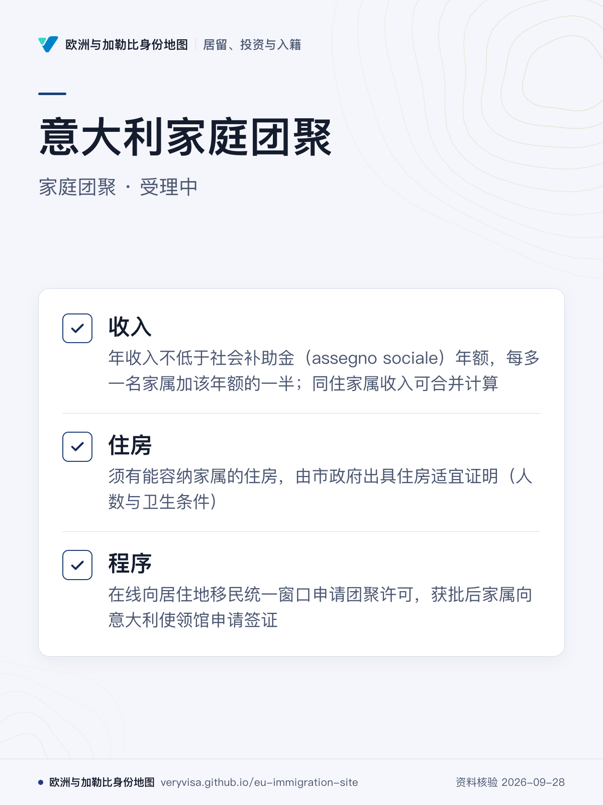 意大利家庭团聚；家庭团聚 · 受理中；收入；住房；程序