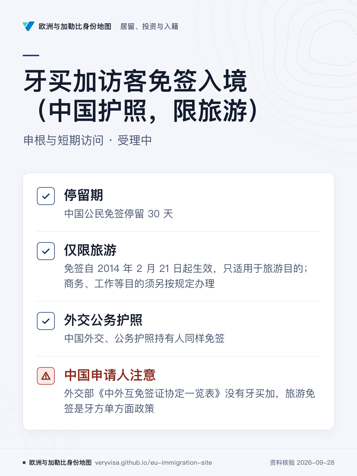 牙买加访客免签入境（中国护照，限旅游）；申根与短期访问 · 受理中；停留期；仅限旅游；外交公务护照；中国申请人注意