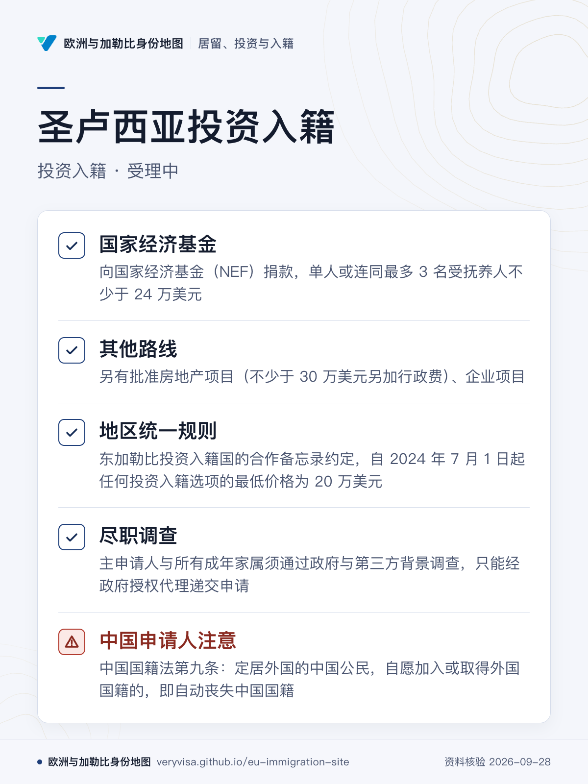 圣卢西亚投资入籍；投资入籍 · 受理中；国家经济基金；其他路线；地区统一规则；尽职调查；中国申请人注意