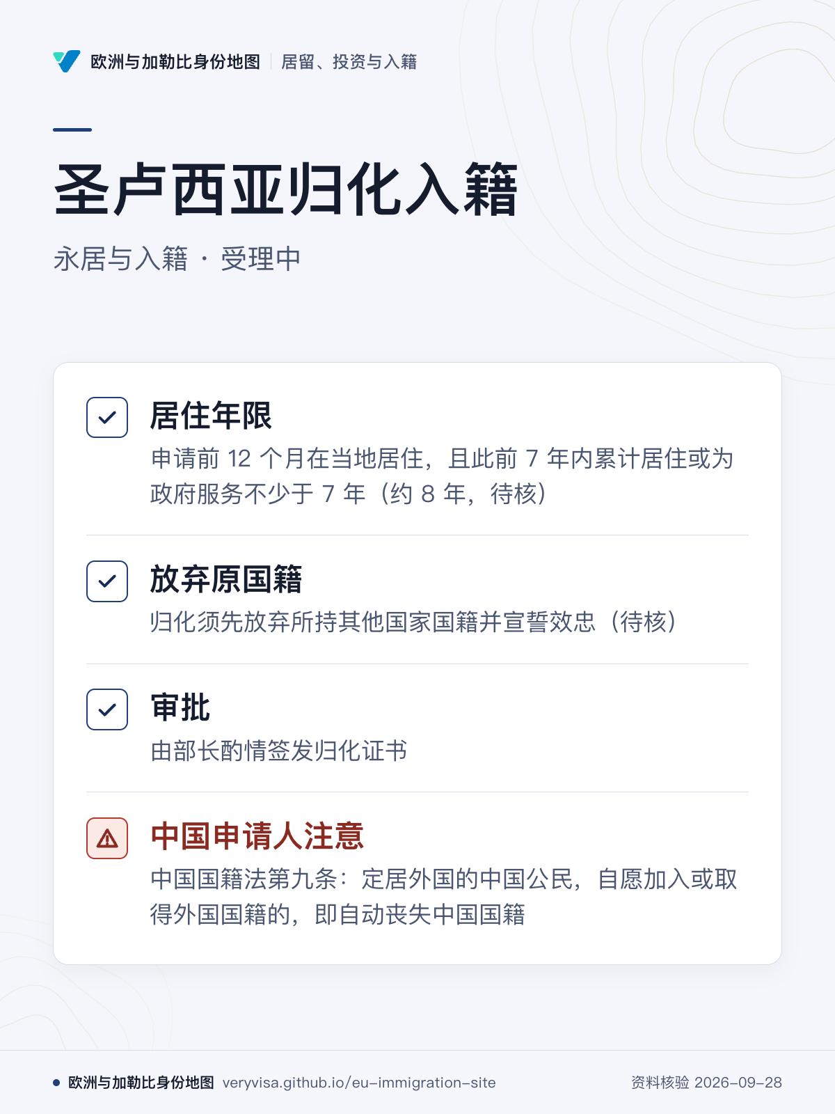 圣卢西亚归化入籍；永居与入籍 · 受理中；居住年限；放弃原国籍；审批；中国申请人注意