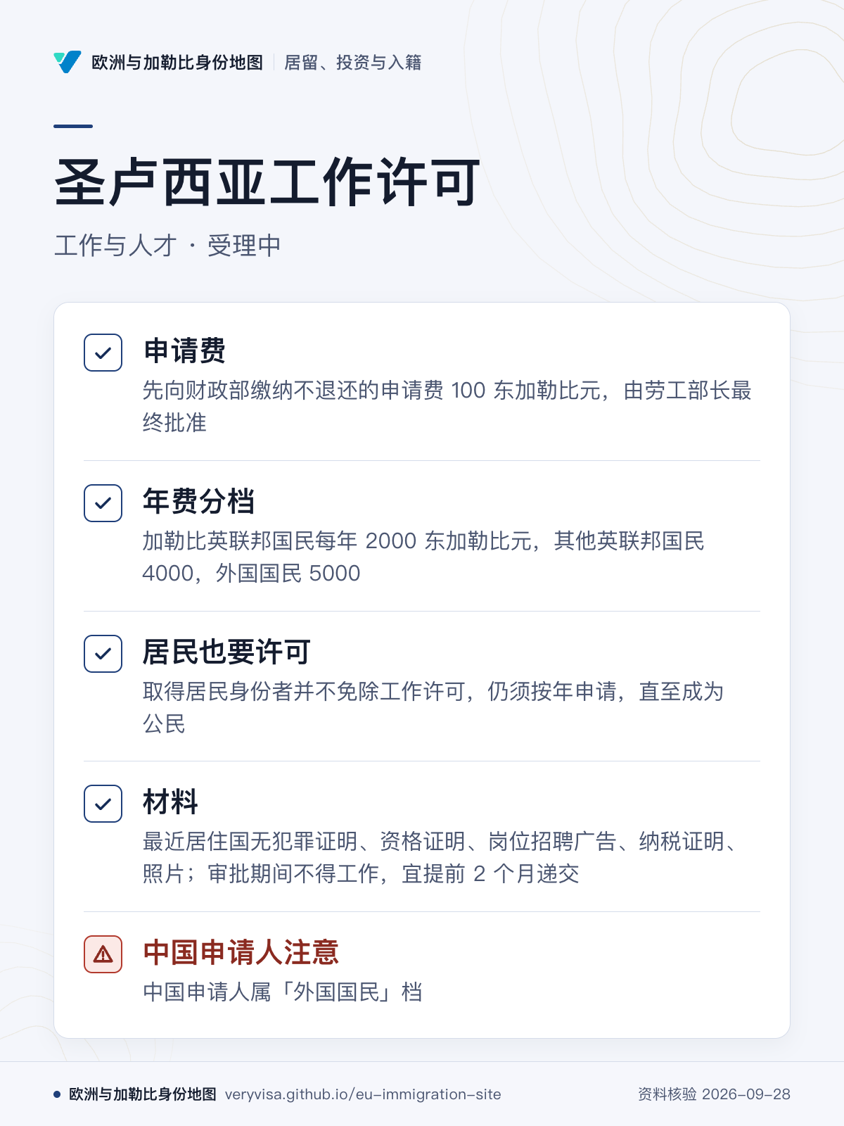 圣卢西亚工作许可；工作与人才 · 受理中；申请费；年费分档；居民也要许可；材料；中国申请人注意
