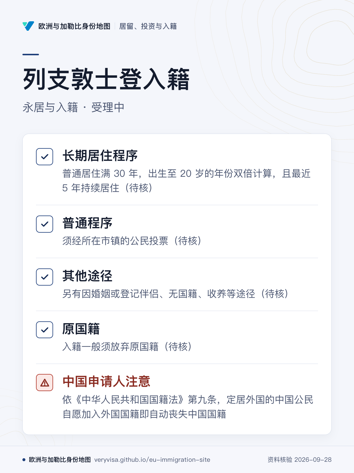列支敦士登入籍；永居与入籍 · 受理中；长期居住程序；普通程序；其他途径；原国籍；中国申请人注意