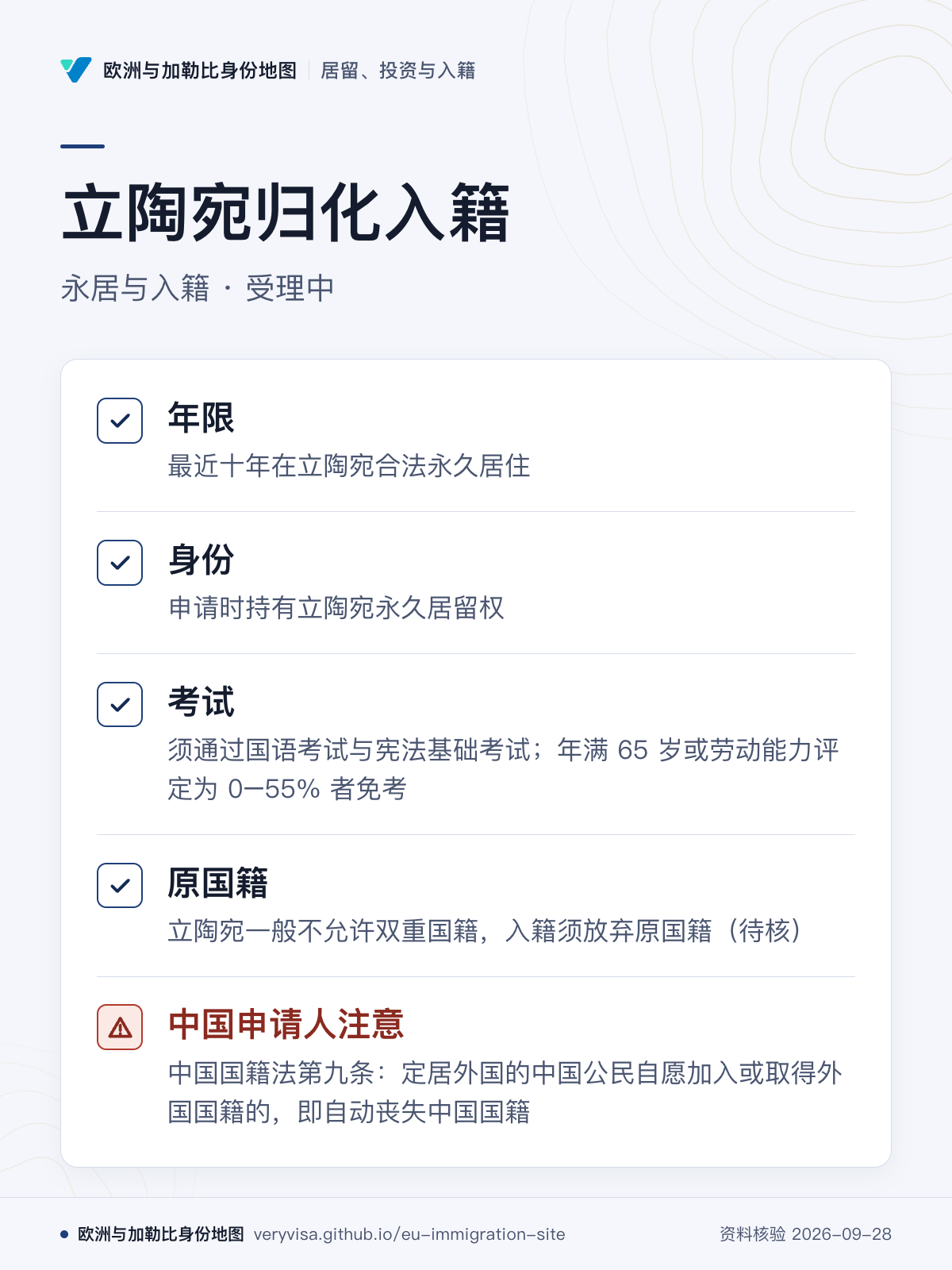 立陶宛归化入籍；永居与入籍 · 受理中；年限；身份；考试；原国籍；中国申请人注意
