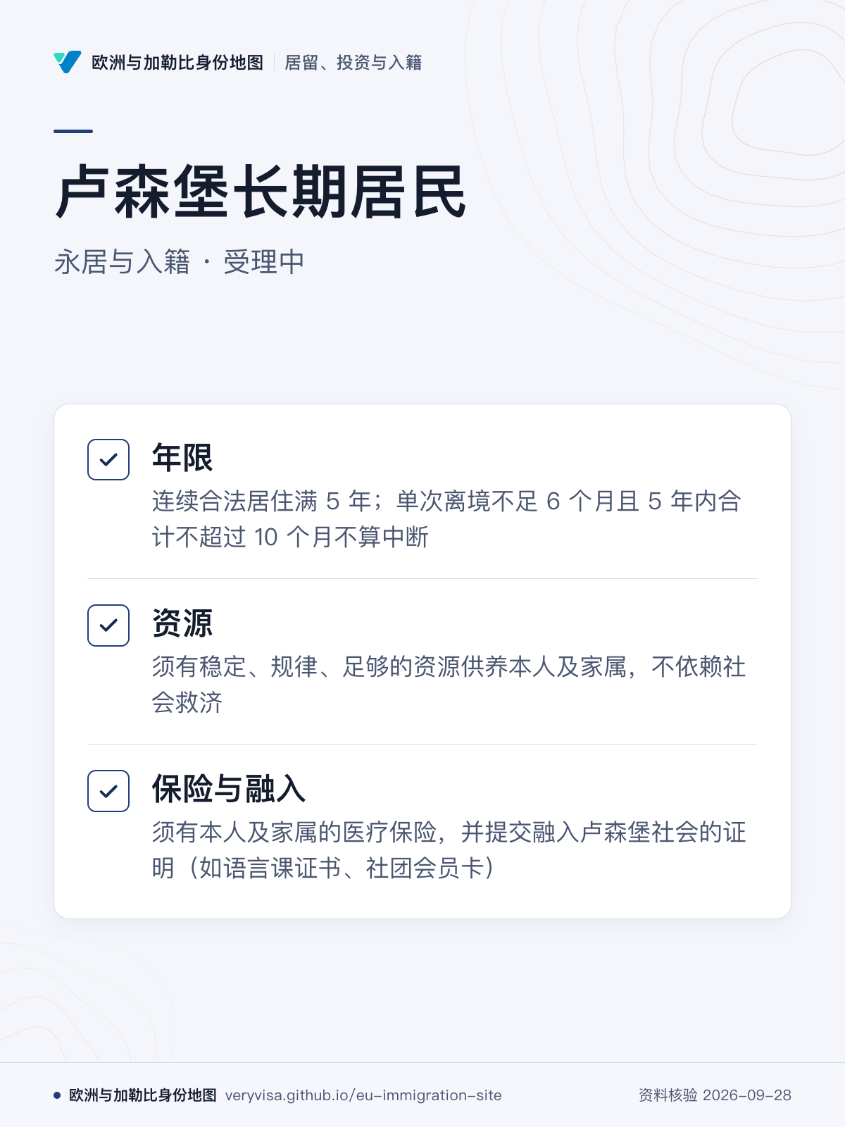 卢森堡长期居民；永居与入籍 · 受理中；年限；资源；保险与融入
