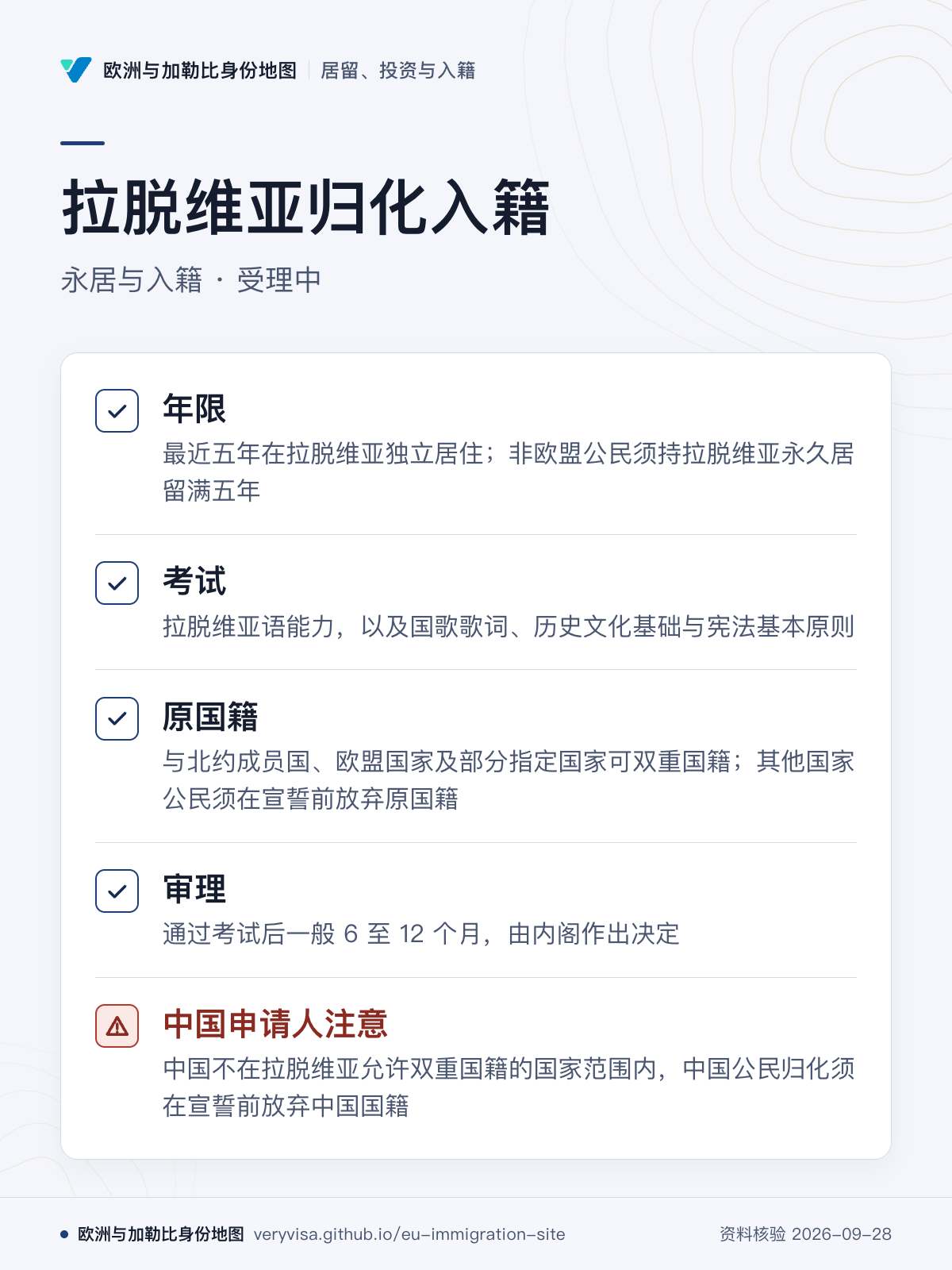 拉脱维亚归化入籍；永居与入籍 · 受理中；年限；考试；原国籍；审理；中国申请人注意