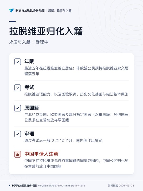 拉脱维亚归化入籍;永居与入籍 · 受理中;年限;考试;原国籍;审理;中国申请人注意