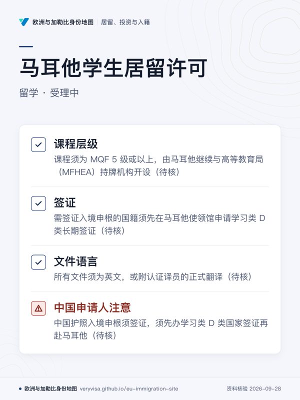 马耳他学生居留许可;留学 · 受理中;课程层级;签证;文件语言;中国申请人注意