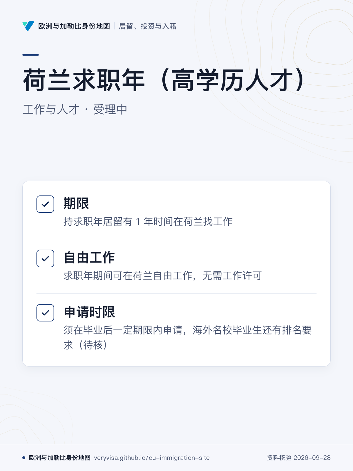 荷兰求职年（高学历人才）；工作与人才 · 受理中；期限；自由工作；申请时限
