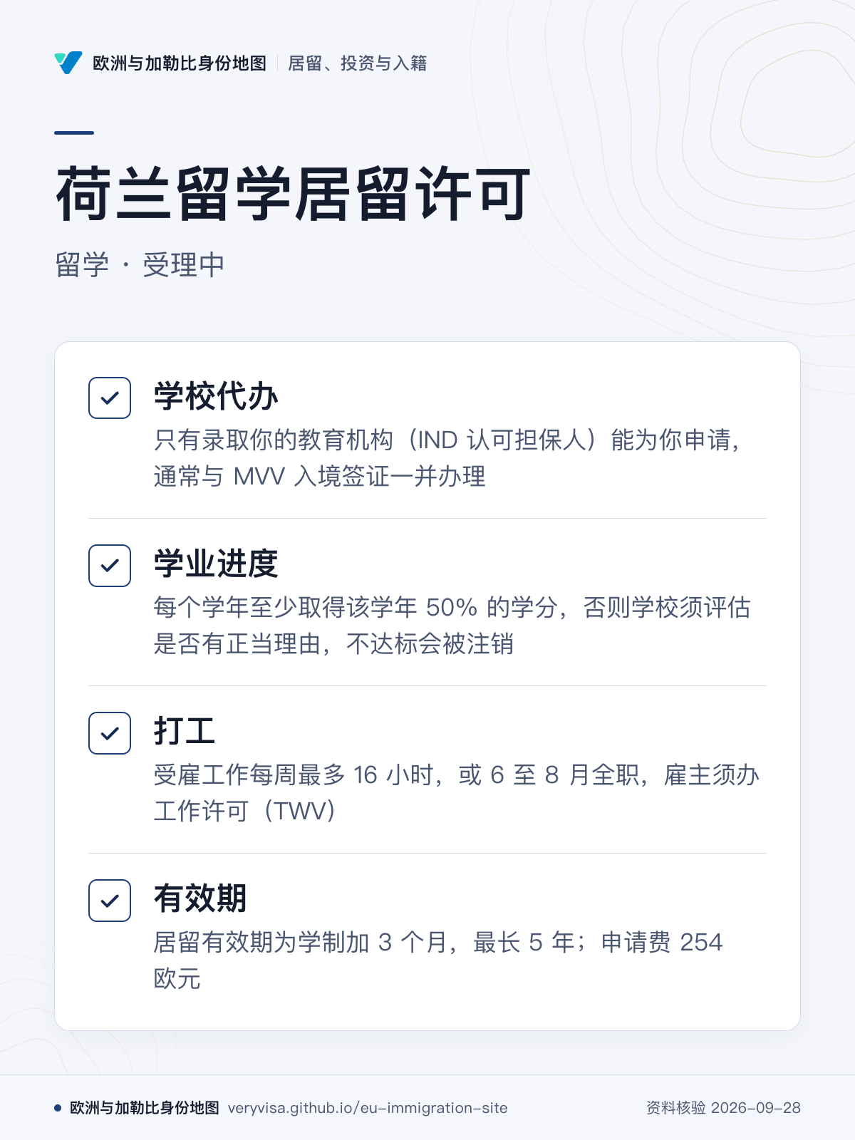 荷兰留学居留许可；留学 · 受理中；学校代办；学业进度；打工；有效期
