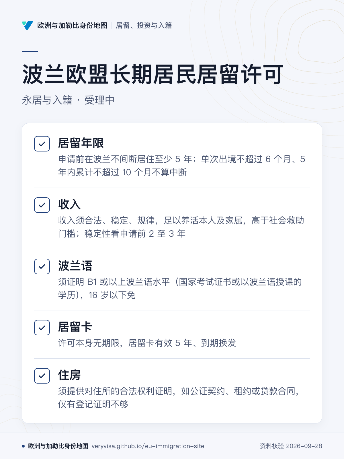 波兰欧盟长期居民居留许可；永居与入籍 · 受理中；居留年限；收入；波兰语；居留卡；住房